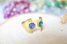 Real Pressed Flower and Resin Ring, Gold Sun in Teal and Purple