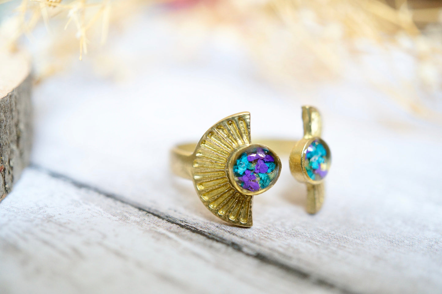 Real Pressed Flower and Resin Ring, Gold Sun in Teal and Purple