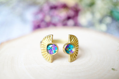 Real Pressed Flower and Resin Ring, Gold Sun in Teal and Purple