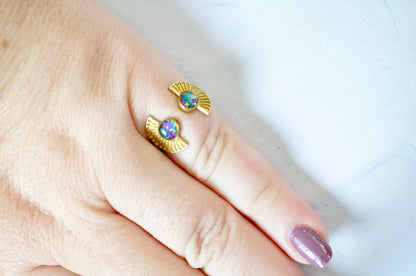 Real Pressed Flower and Resin Ring, Gold Sun in Teal and Purple