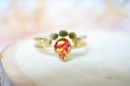 Real Pressed Flower and Resin Ring, Gold Teardrop in Red and Yellow