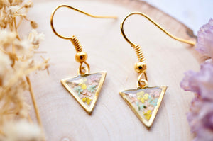 Real Pressed Flowers and Resin Drop Earrings, Gold Triangles in Yellow Mint Light Pink