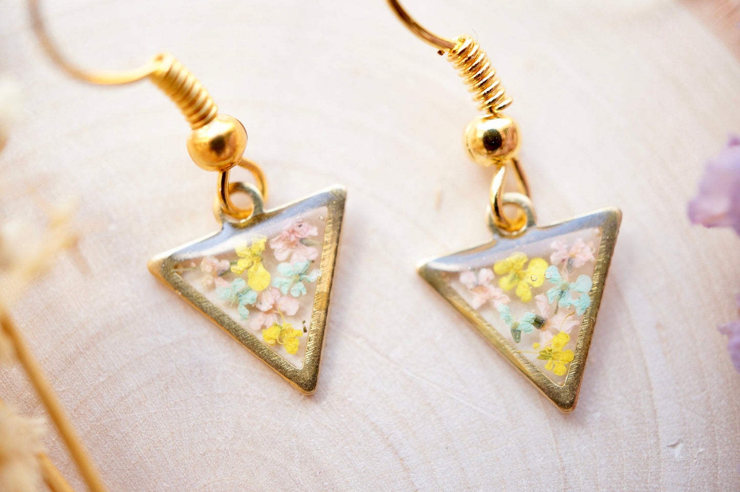 Real Pressed Flowers and Resin Drop Earrings, Gold Triangles in Yellow Mint Light Pink