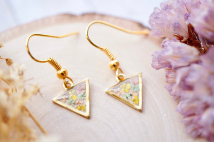 Real Pressed Flowers and Resin Drop Earrings, Gold Triangles in Yellow Mint Light Pink