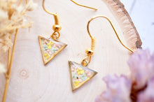 Real Pressed Flowers and Resin Drop Earrings, Gold Triangles in Yellow Mint Light Pink