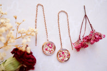Real Pressed Flowers and Resin Threader Earrings, Gold Moons in Red