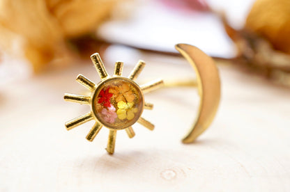 Real Pressed Flower and Resin Ring, Gold Celestial Moon and Sun in Orange Yellow Red Pink