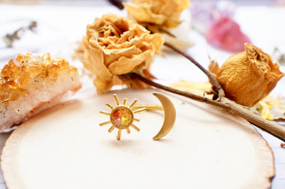 Real Pressed Flower and Resin Ring, Gold Celestial Moon and Sun in Orange Yellow Red Pink