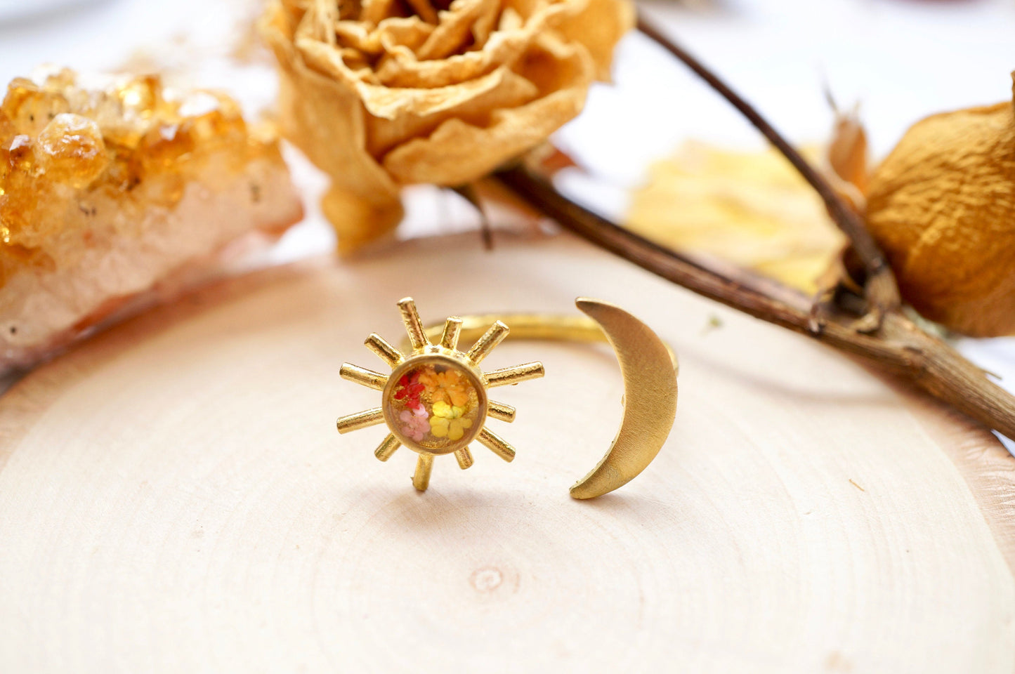 Real Pressed Flower and Resin Ring, Gold Celestial Moon and Sun in Orange Yellow Red Pink