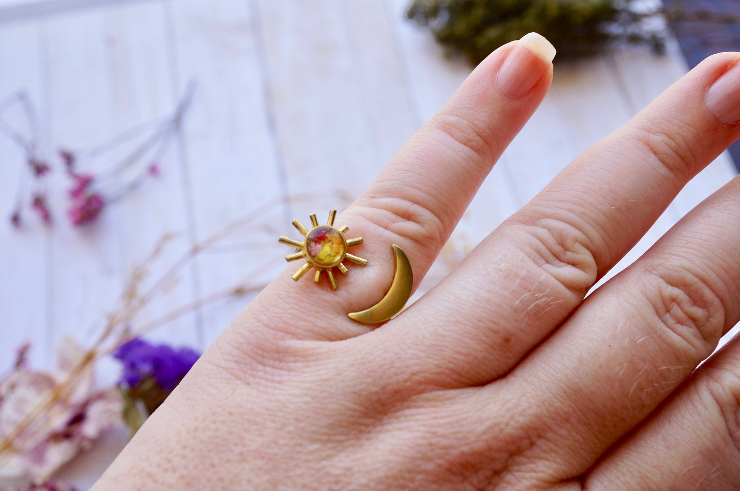 Real Pressed Flower and Resin Ring, Gold Celestial Moon and Sun in Orange Yellow Red Pink