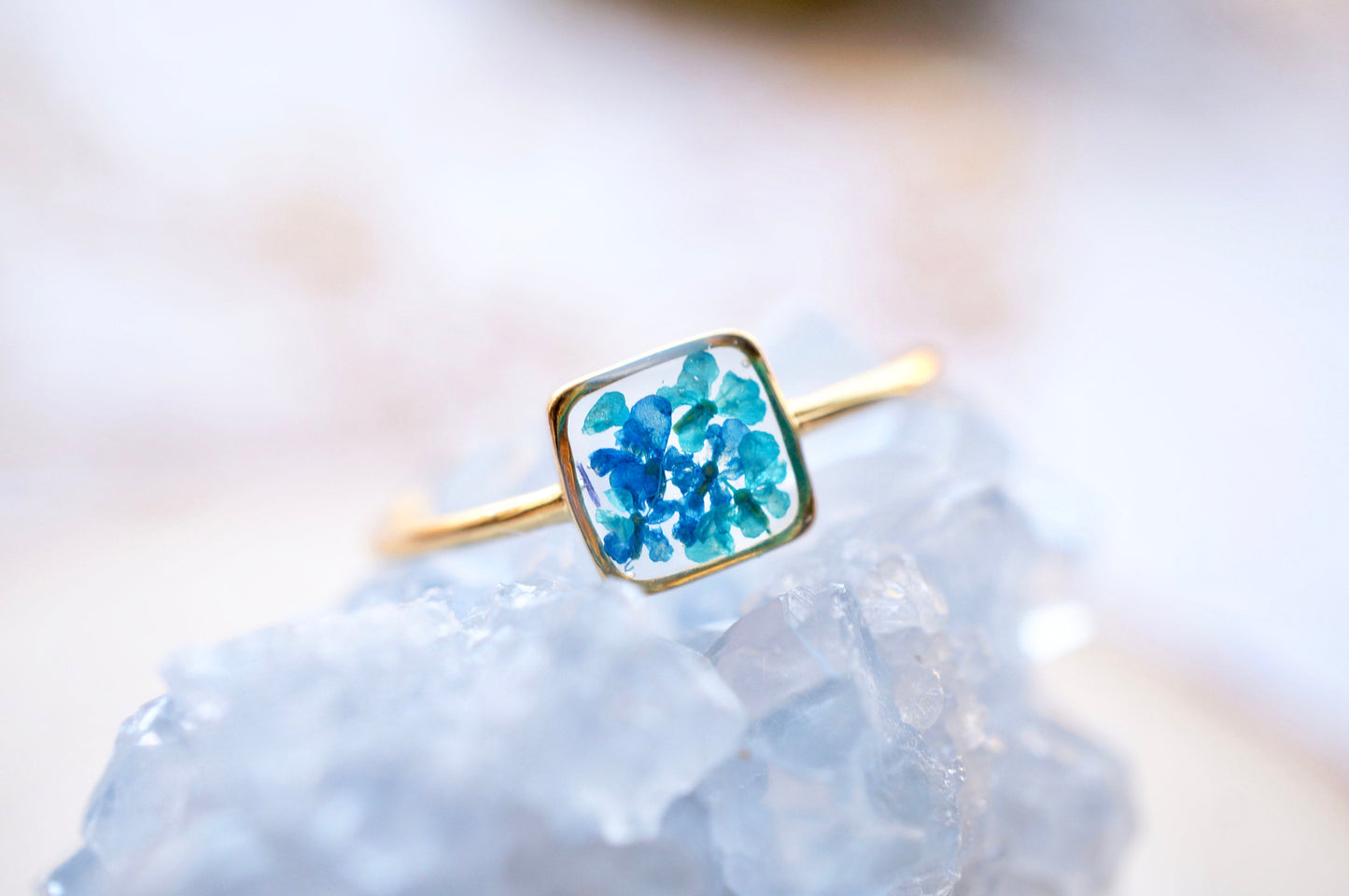 Real Pressed Flower and Resin Ring, Gold Band in Blue and Teal