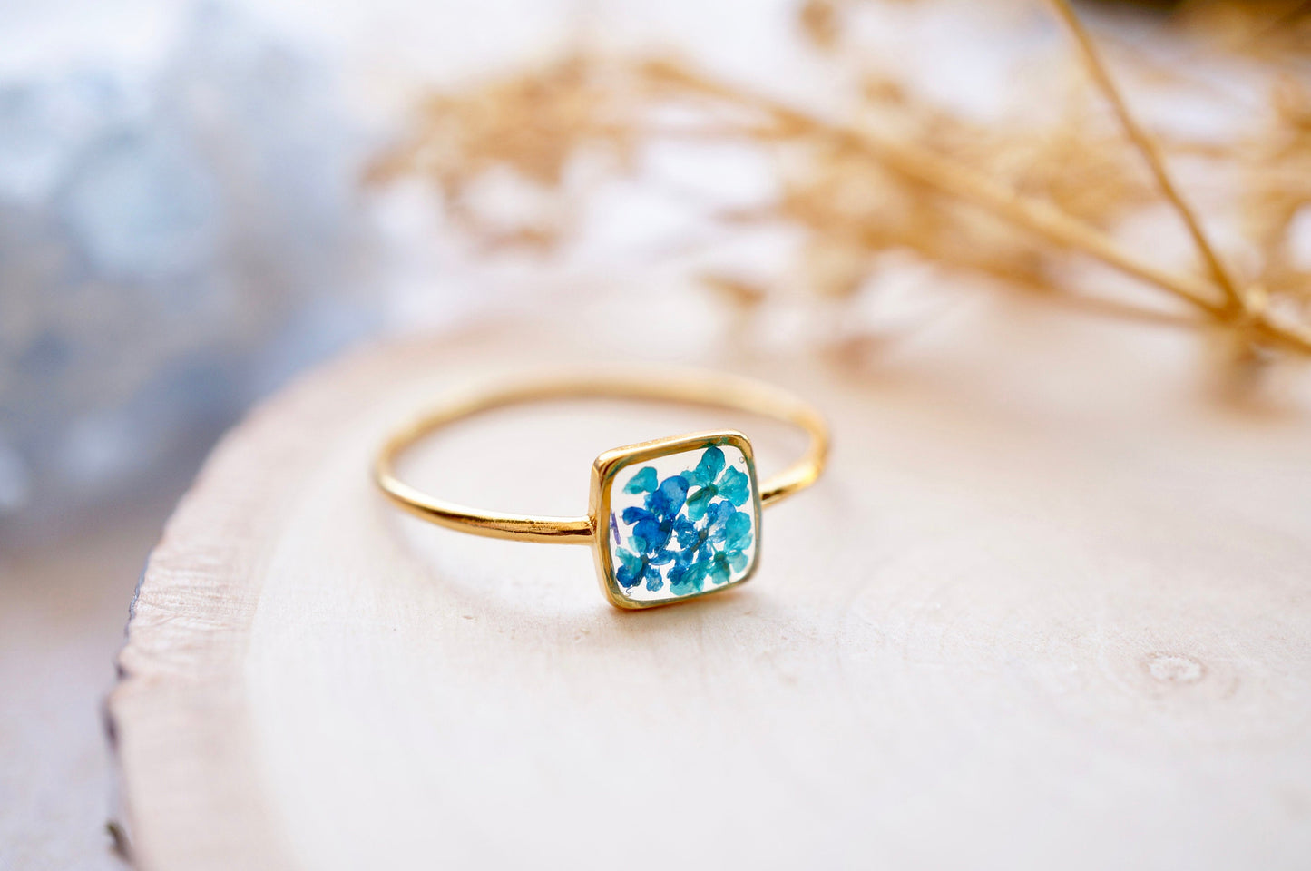 Real Pressed Flower and Resin Ring, Gold Band in Blue and Teal