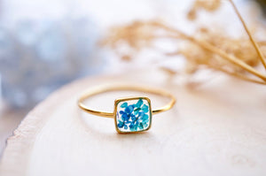 Real Pressed Flower and Resin Ring, Gold Band in Blue and Teal