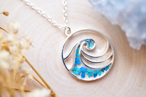 Real Pressed Flowers in Resin, Silver Circle Wave Necklace in Teal and Blue