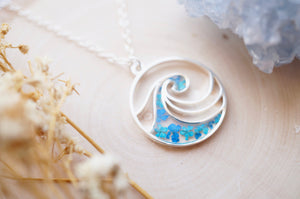 Real Pressed Flowers in Resin, Silver Circle Wave Necklace in Teal and Blue