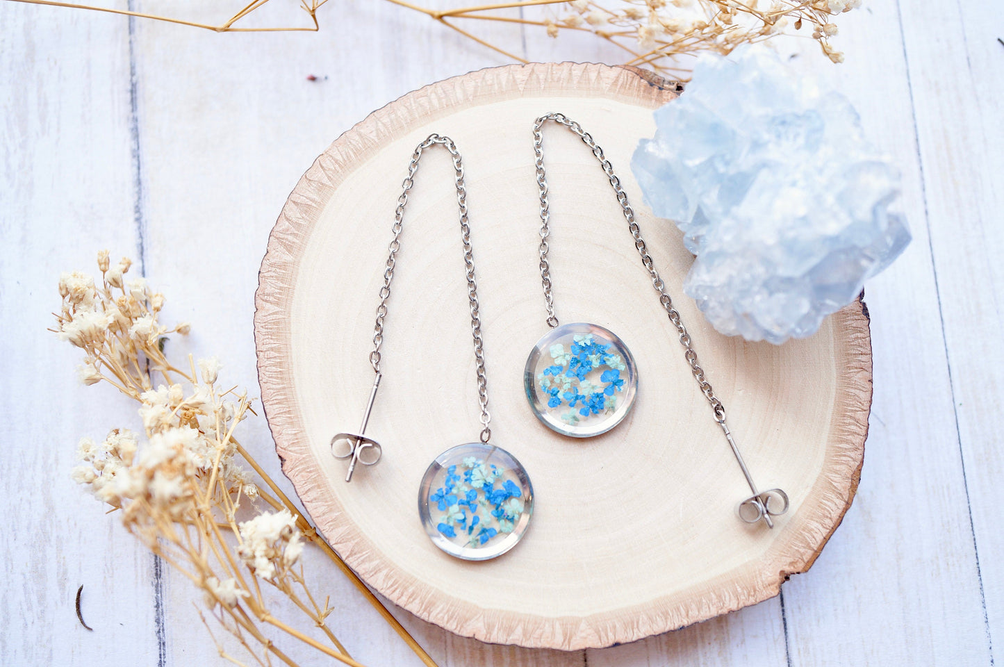 Real Pressed Flowers and Resin Threader Earrings, Silver Circles in Mint and Blue