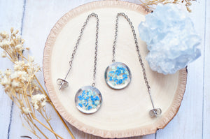 Real Pressed Flowers and Resin Threader Earrings, Silver Circles in Mint and Blue