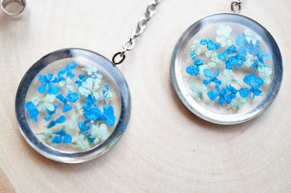 Real Pressed Flowers and Resin Threader Earrings, Silver Circles in Mint and Blue