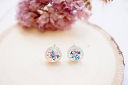 Real Pressed Flowers and Resin, Circle Stud Earrings in Blue and Light Pink