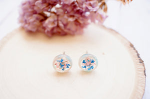 Real Pressed Flowers and Resin, Circle Stud Earrings in Blue and Light Pink