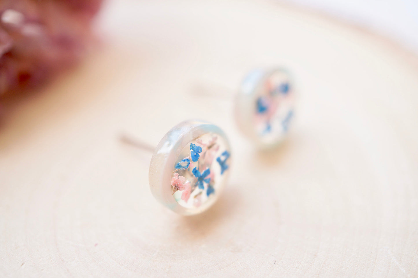 Real Pressed Flowers and Resin, Circle Stud Earrings in Blue and Light Pink