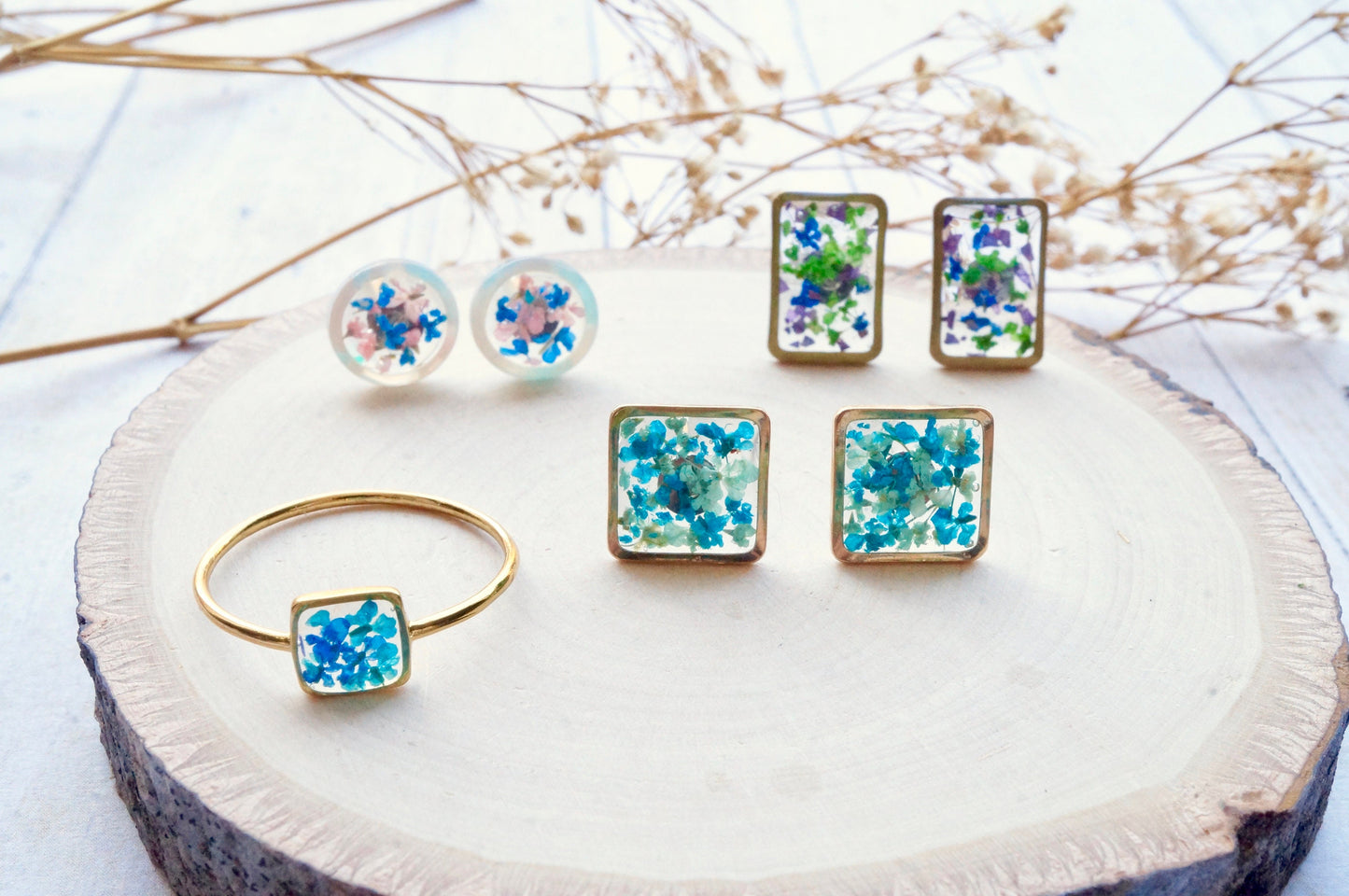 Real Pressed Flowers and Resin Stud Earrings, Tiny Gold Diamonds in Green Blue Yellow