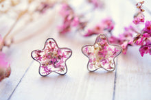 Real Pressed Flowers and Resin Stud Earrings, Silver Flowers in Pink White