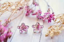 Real Pressed Flowers and Resin Stud Earrings, Silver Flowers in Pink White