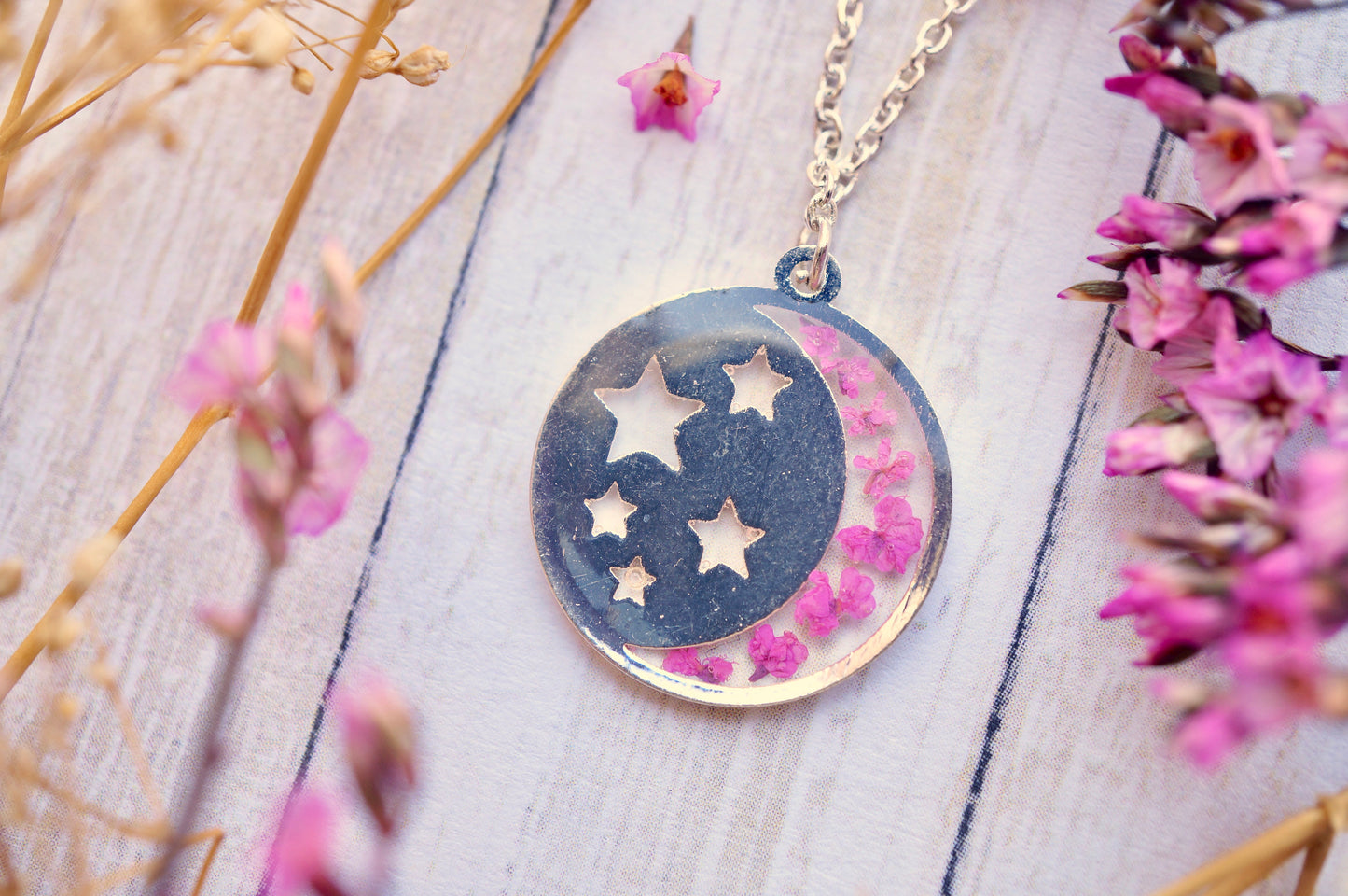 Real Pressed Flowers in Resin, Silver Moon and Stars Necklace in Pink