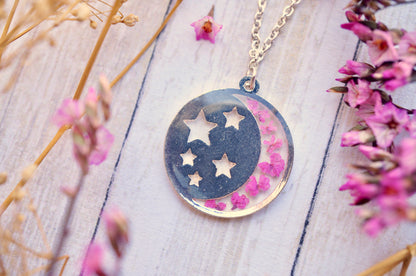 Real Pressed Flowers in Resin, Silver Moon and Stars Necklace in Pink