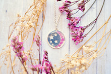 Real Pressed Flowers in Resin, Silver Moon and Stars Necklace in Pink
