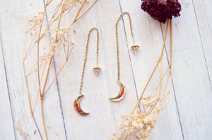 Real Pressed Flowers and Resin Threader Earrings, Gold Moons in Red