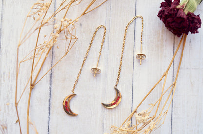 Real Pressed Flowers and Resin Threader Earrings, Gold Moons in Red