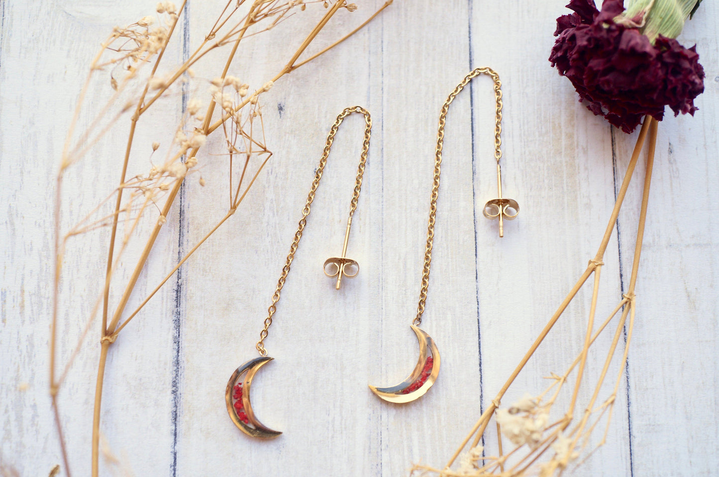 Real Pressed Flowers and Resin Threader Earrings, Gold Moons in Red