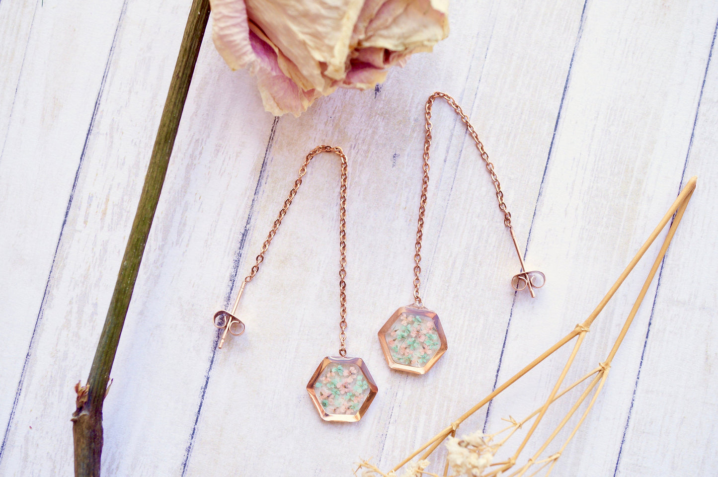 Real Pressed Flowers and Resin Threader Earrings, Rose Gold Hexagon in Mint and Light Pink