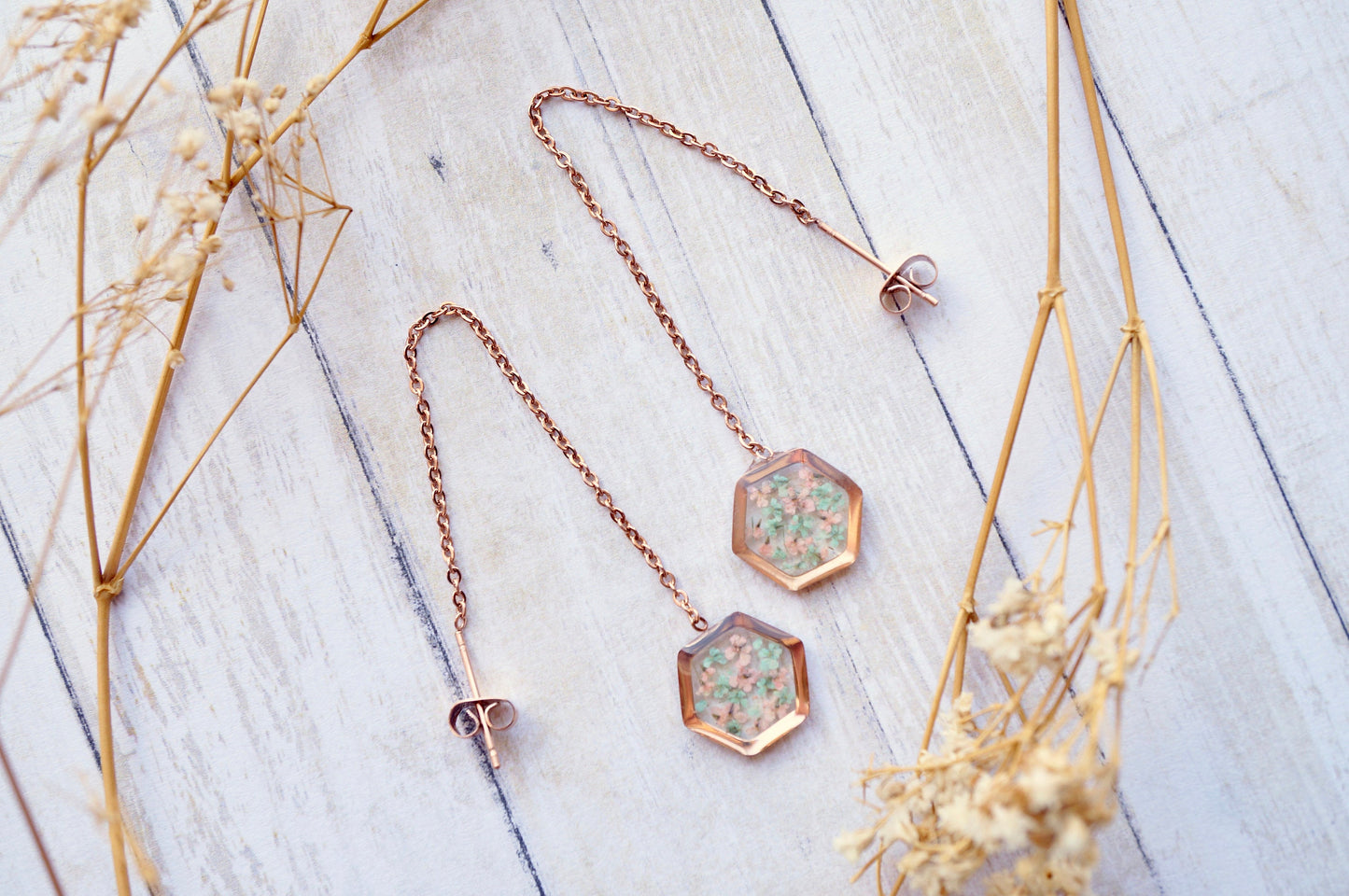 Real Pressed Flowers and Resin Threader Earrings, Rose Gold Hexagon in Mint and Light Pink