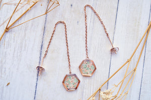 Real Pressed Flowers and Resin Threader Earrings, Rose Gold Hexagon in Mint and Light Pink