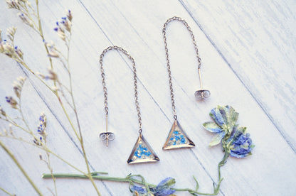 Real Pressed Flowers and Resin Threader Earrings, Silver Triangle in Blue