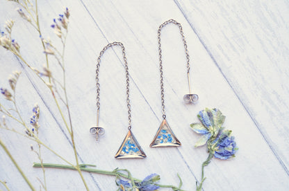 Real Pressed Flowers and Resin Threader Earrings, Silver Triangle in Blue