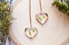 Real Pressed Flowers and Resin Threader Earrings, Rose Gold Heart in Green