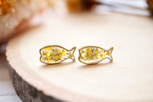 Real Pressed Flowers and Resin, Fish Stud Earrings in Yellow and White