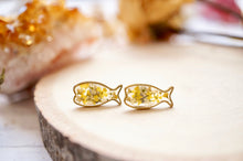 Real Pressed Flowers and Resin, Fish Stud Earrings in Yellow and White
