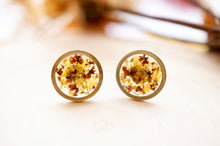Real Pressed Flowers and Resin Stud Earrings, Raw Brass Circle in Yellow and Brown
