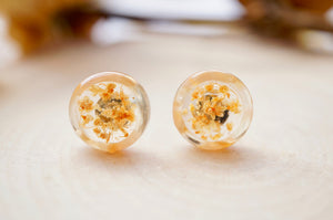 Real Pressed Flowers and Resin, Circle Stud Earrings in Orange