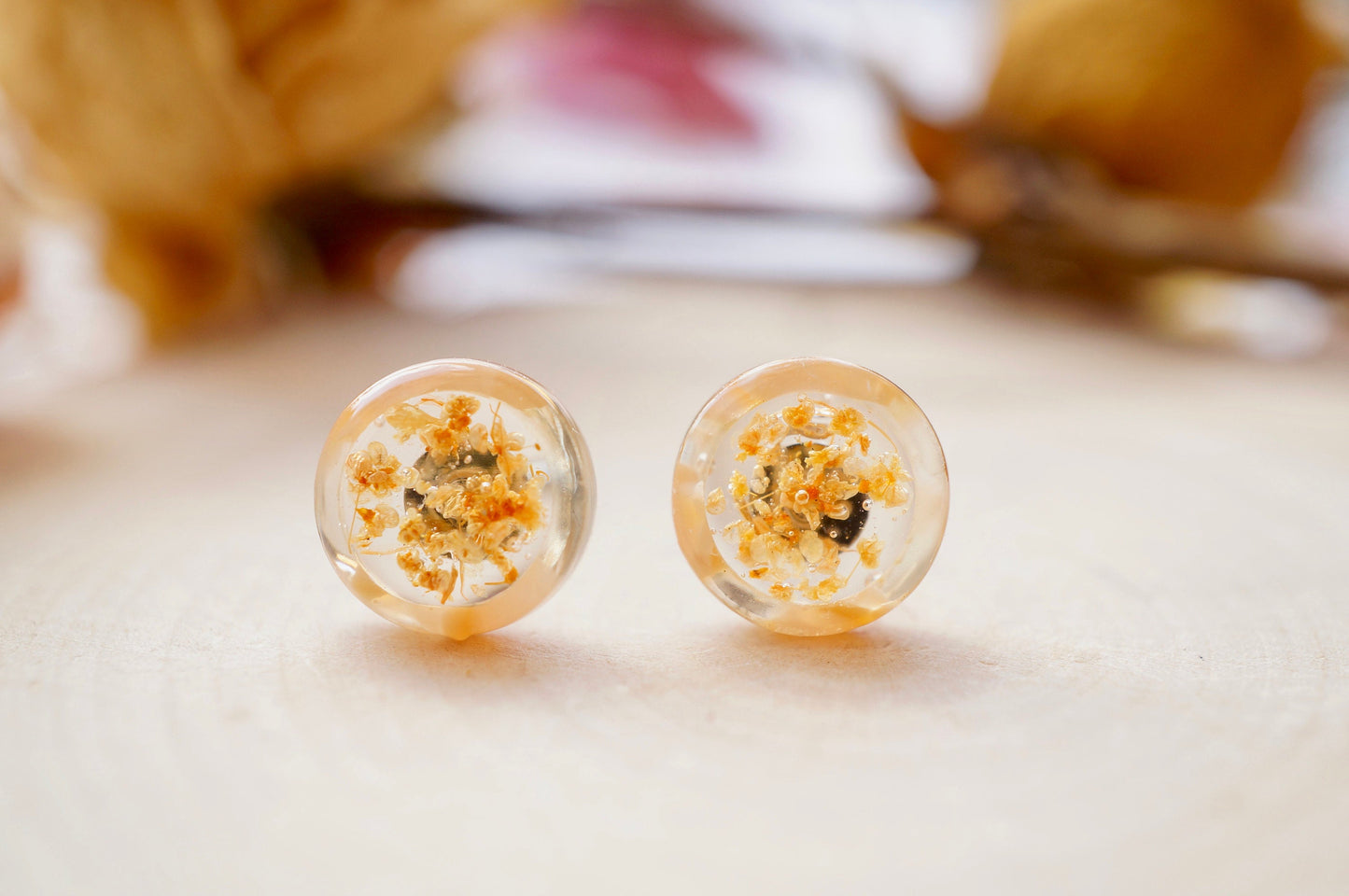 Real Pressed Flowers and Resin, Circle Stud Earrings in Orange