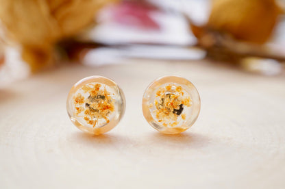 Real Pressed Flowers and Resin, Circle Stud Earrings in Orange