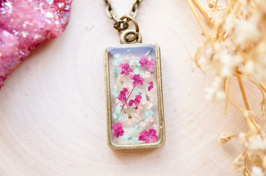 Real Pressed Flowers in Resin Necklace, Bronze Rectangle in Magenta Mint Light Pink