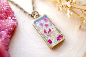 Real Pressed Flowers in Resin Necklace, Bronze Rectangle in Magenta Mint Light Pink