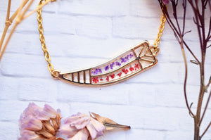 Real Pressed Flowers in Resin, Gold Tribal Horn Necklace in Red and Purple