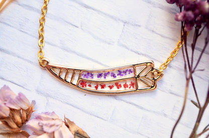 Real Pressed Flowers in Resin, Gold Tribal Horn Necklace in Red and Purple